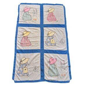 Vintage Sunbonnet Sue Quilted Throw Blanket With Hand-Embroidered Panels